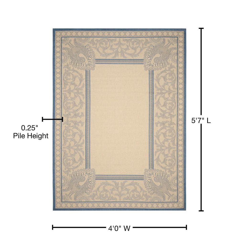 Natural and Blue Baroque Print Outdoor Area Rug