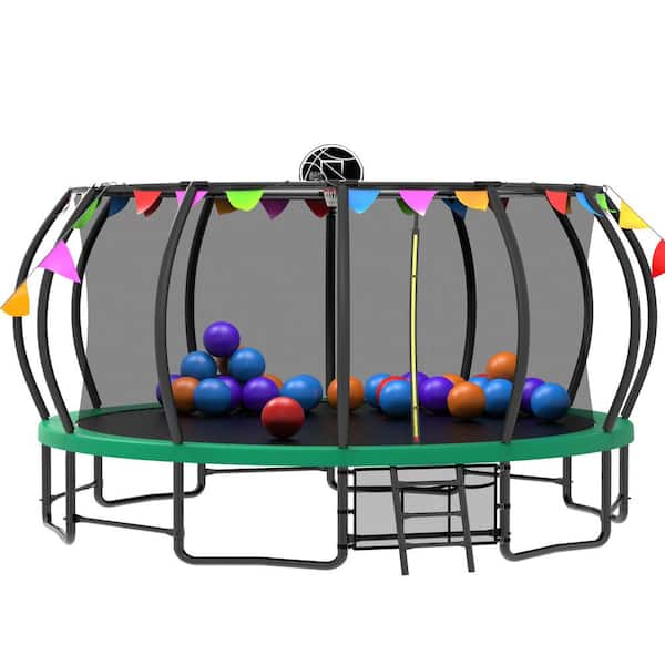 16 ft. Green Steel Outdoor Trampoline for Kids and Adults, Pumpkin Trampolines with Curved Poles, Heavy Duty Trampoline