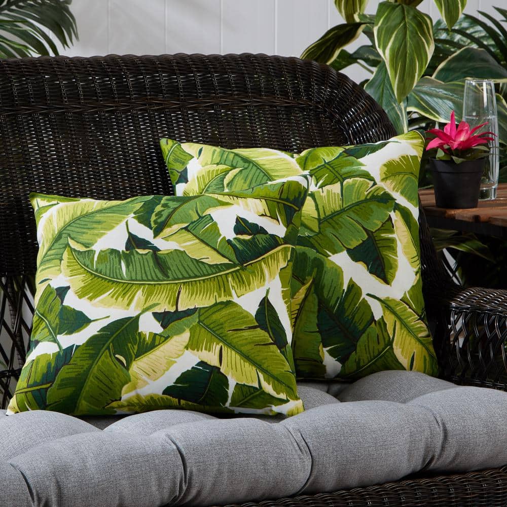 Palm Leaves White 17" Square Outdoor Throw Pillow Set
