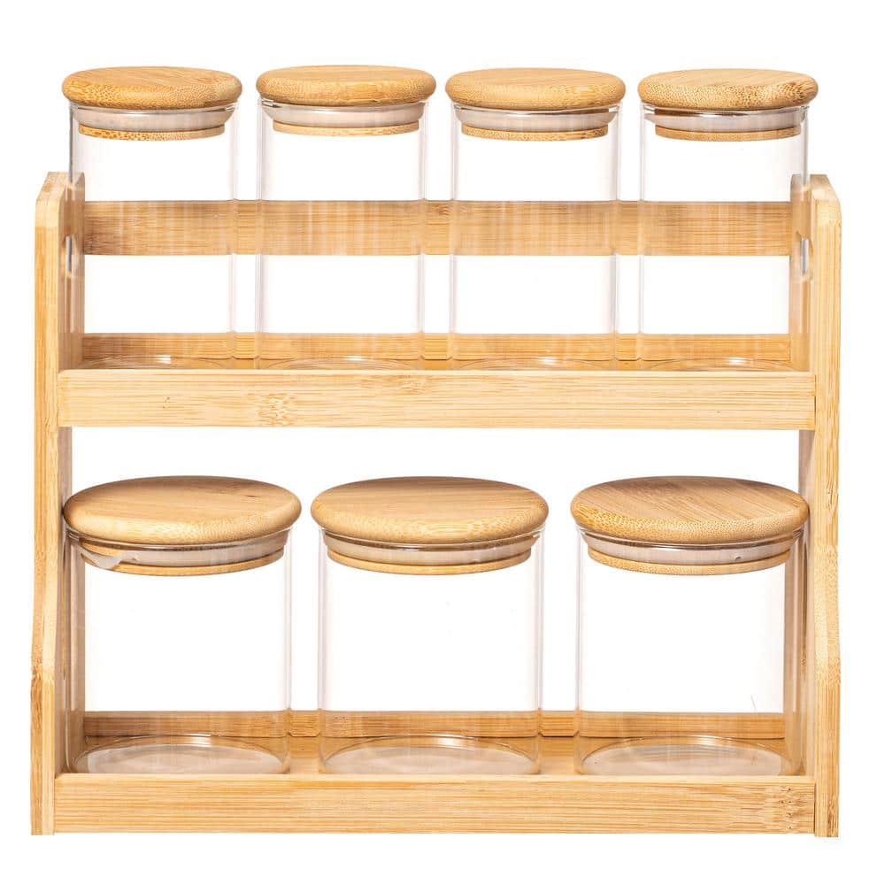 Natural Bamboo 2-Tier Spice Rack with Glass Jars
