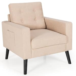 Modern Accent Armchair Beige Upholstered Single Sofa Chair with 2-Side Pockets