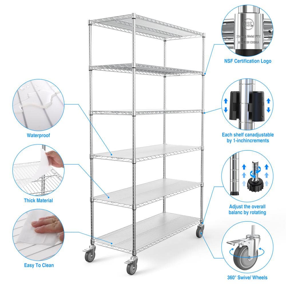 Chrome Heavy-Duty 6-Tier Adjustable Wire Storage Rack with Wheels