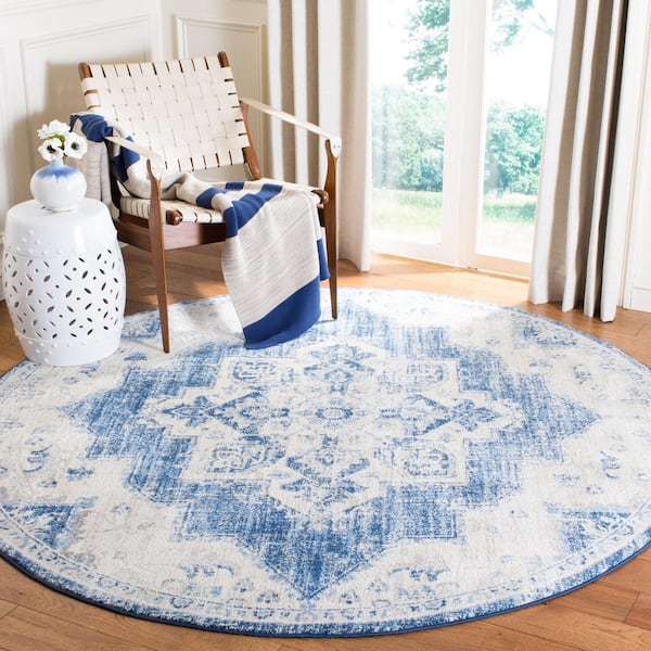 Brentwood Ivory/Navy 10 ft. x 10 ft. Floral Medallion Border Round Area Rug