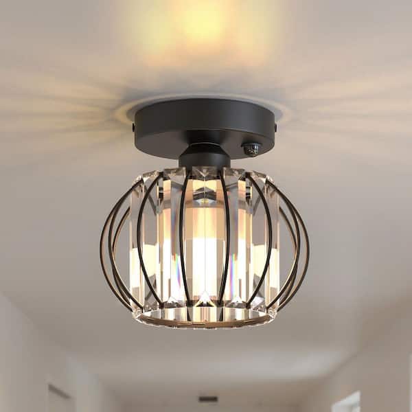 7 in. 1-Light Motion Sensor Semi Flush Mount Ceiling Light, Black Modern Fixture for Smart Entryways & Closets