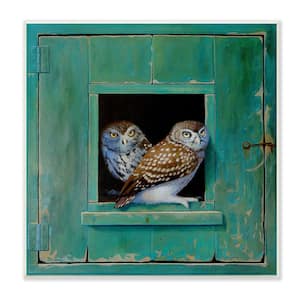 Spotted Owls Perched Rustic Green Door Ledge by Alan Weston Unframed Animal Art Print 12 in. x 12 in.