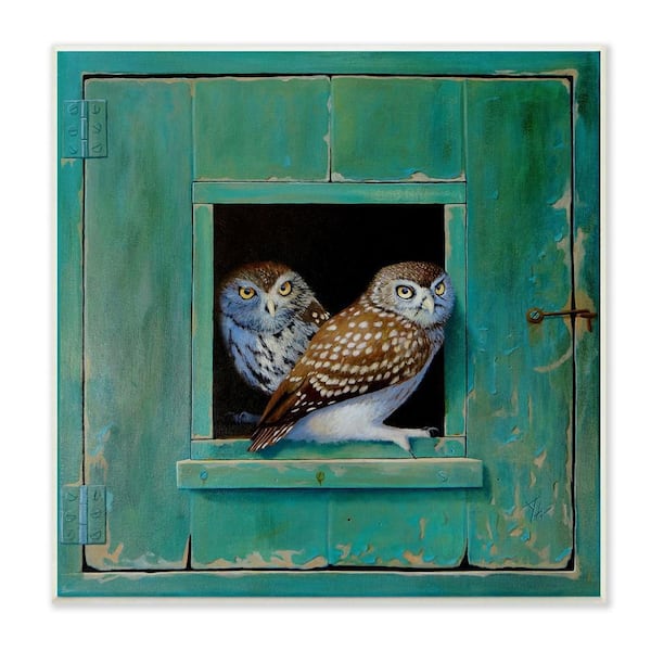 Spotted Owls Perched Rustic Green Door Ledge by Alan Weston Unframed Animal Art Print 12 in. x 12 in.