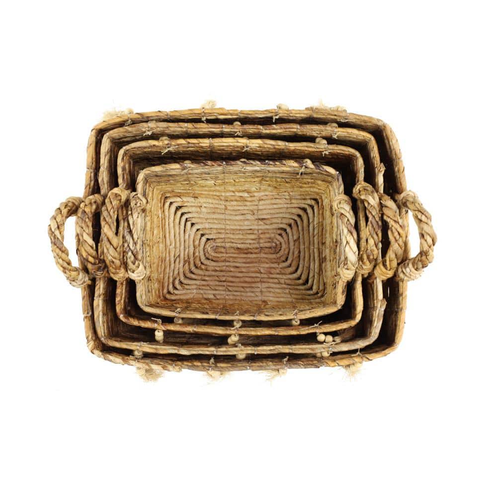 Large Rectangular Brown and Beige Wicker Storage Baskets with Tassels