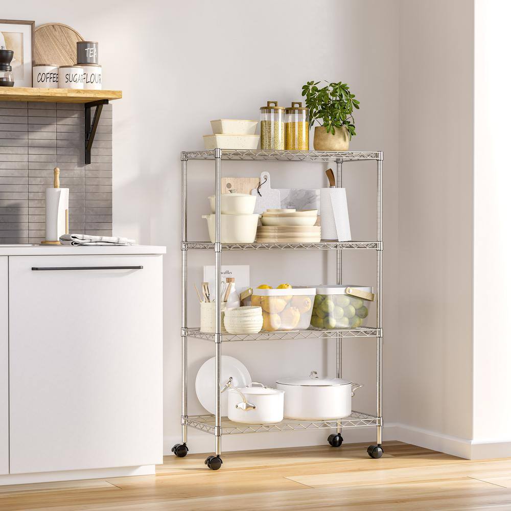 Adjustable 4-Tier Gray Steel Wire Shelving Unit with Wheels