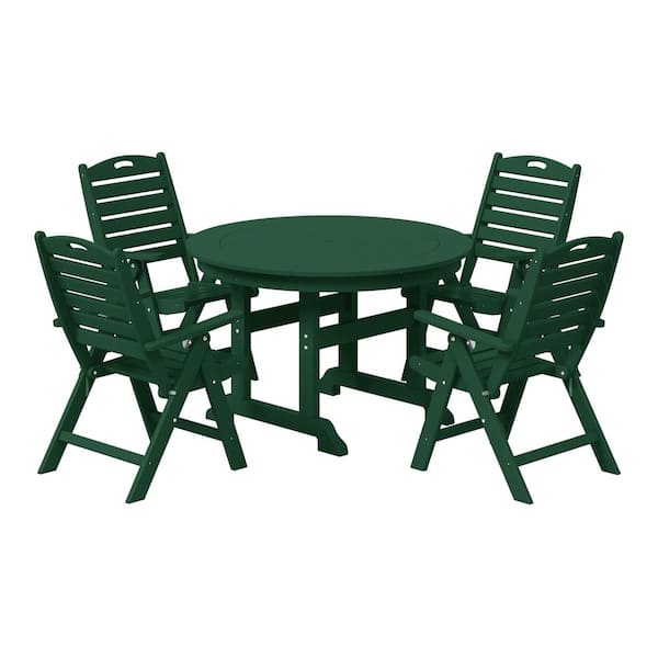 WESTIN OUTDOOR Laguna All Weather HDPE Plastic Outdoor 5-Piece Round Table Folding Highback Chairs Patio Dining Set, Dark Green