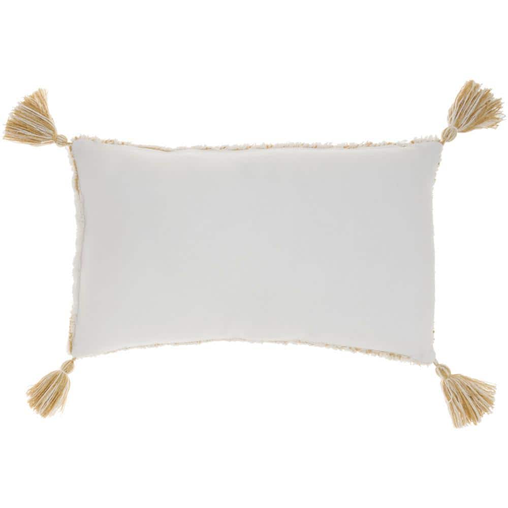 Yellow and White Cotton Lumbar Throw Pillow with Tassels