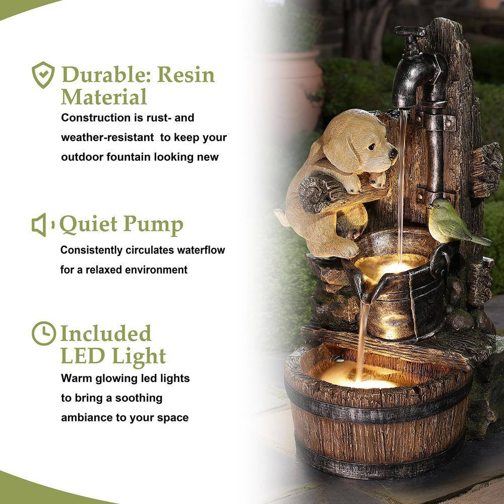 Farmhouse Brown Resin Fountain with Puppy and Bird Scene
