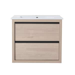 24 in. W x 18.3 in. D x 21.3 in. H Wall-Mounted Bath Vanity in Light Brown with White single Ceramic Top