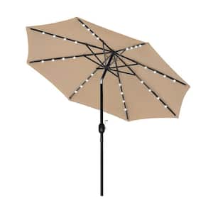 9 ft. Market 32 LED Lighted Solar Patio Umbrella with Push Button Tilt/Crank for Garden, Deck, Backyard and Pool in Tan