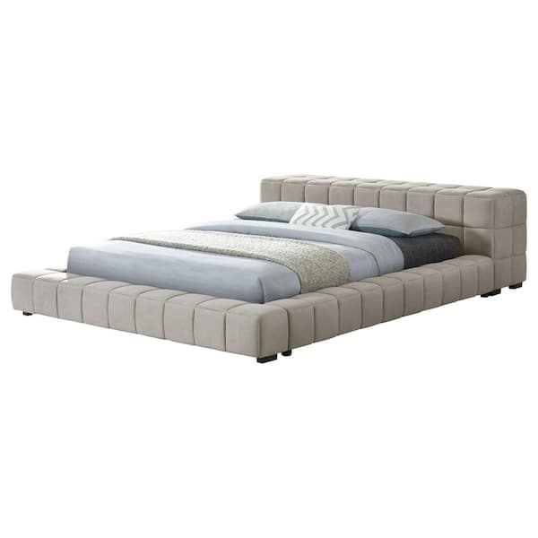 Trinity Brown Light Taupe Wood Frame Full Platform Bed with Rectangular Block Headboard