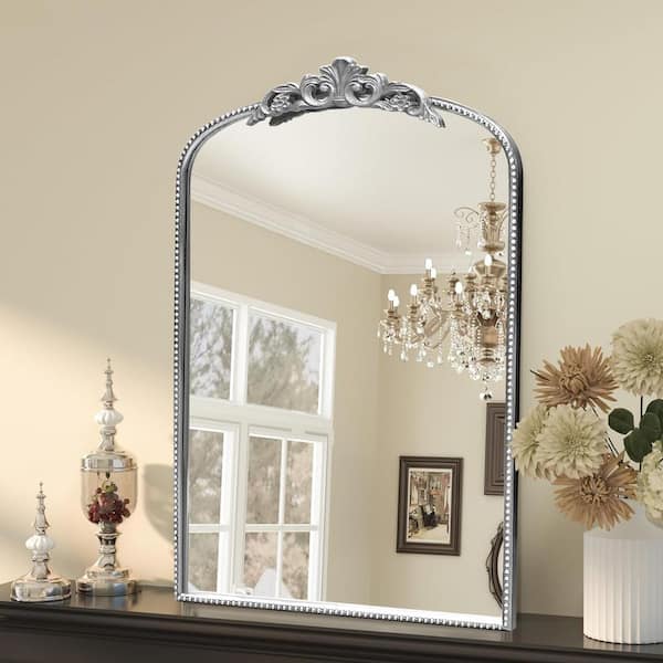 24 in. W x 36 in. H Baroque Style Round Antique Silver Metal Framed Wall Mirror