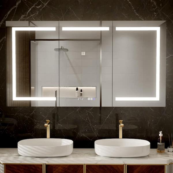 60 in. W x 32 in. H Large Rectangular Silver Recessed/Surface LED Medicine Cabinet with Mirror, 3 Doors