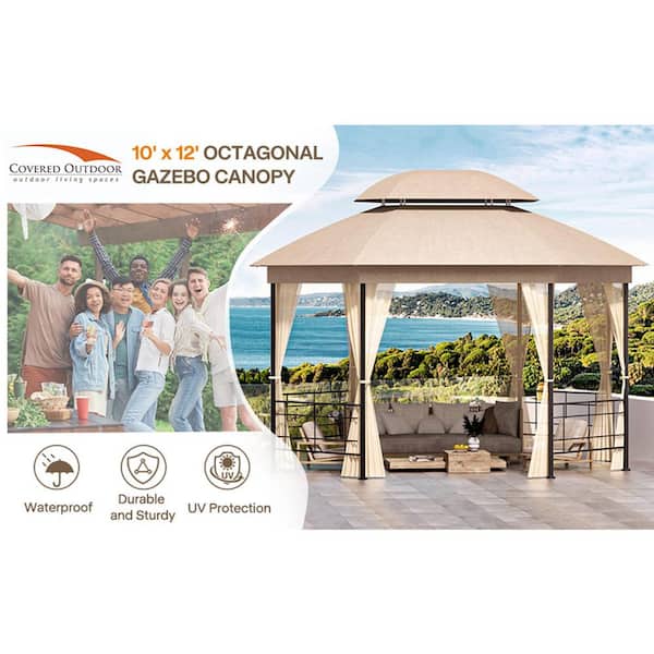 Unbranded - Outdoor Leisure 12 ft. x 10 ft. Beige Fabric Top Gazebo