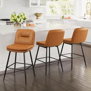 24 in. Modern Metal Frame Whiskey Brown Faux Leather Upholstered Counter Stools with Footrest Set of 3
