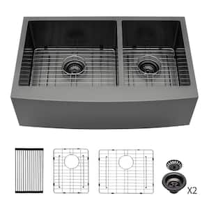 33 in. Farmhouse/Apron Front Double Bowl (60/40) 16-Gauge Gunmetal Black Stainless Steel Kitchen Sink with Drying Rack
