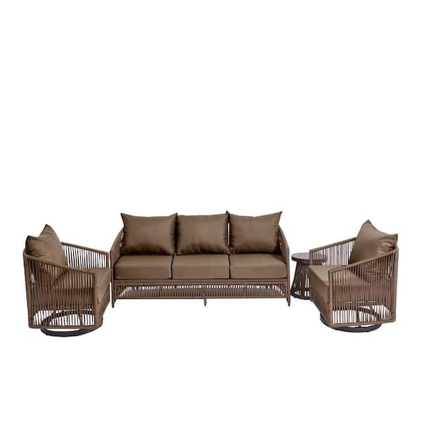 Brown metal wicker outdoor patio couch set with cushions and side table.