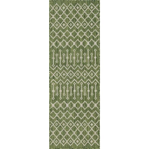 Green/Gray Tribal Trellis 2 ft. x 6 ft. Indoor/Outdoor Runner Rug