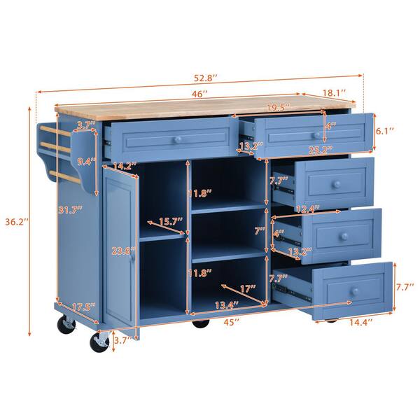 Runesay Blue Mdf Base with Mdf Wood Top Rolling Kitchen Island (18.1-in x 52.8-in x 36.2-in)