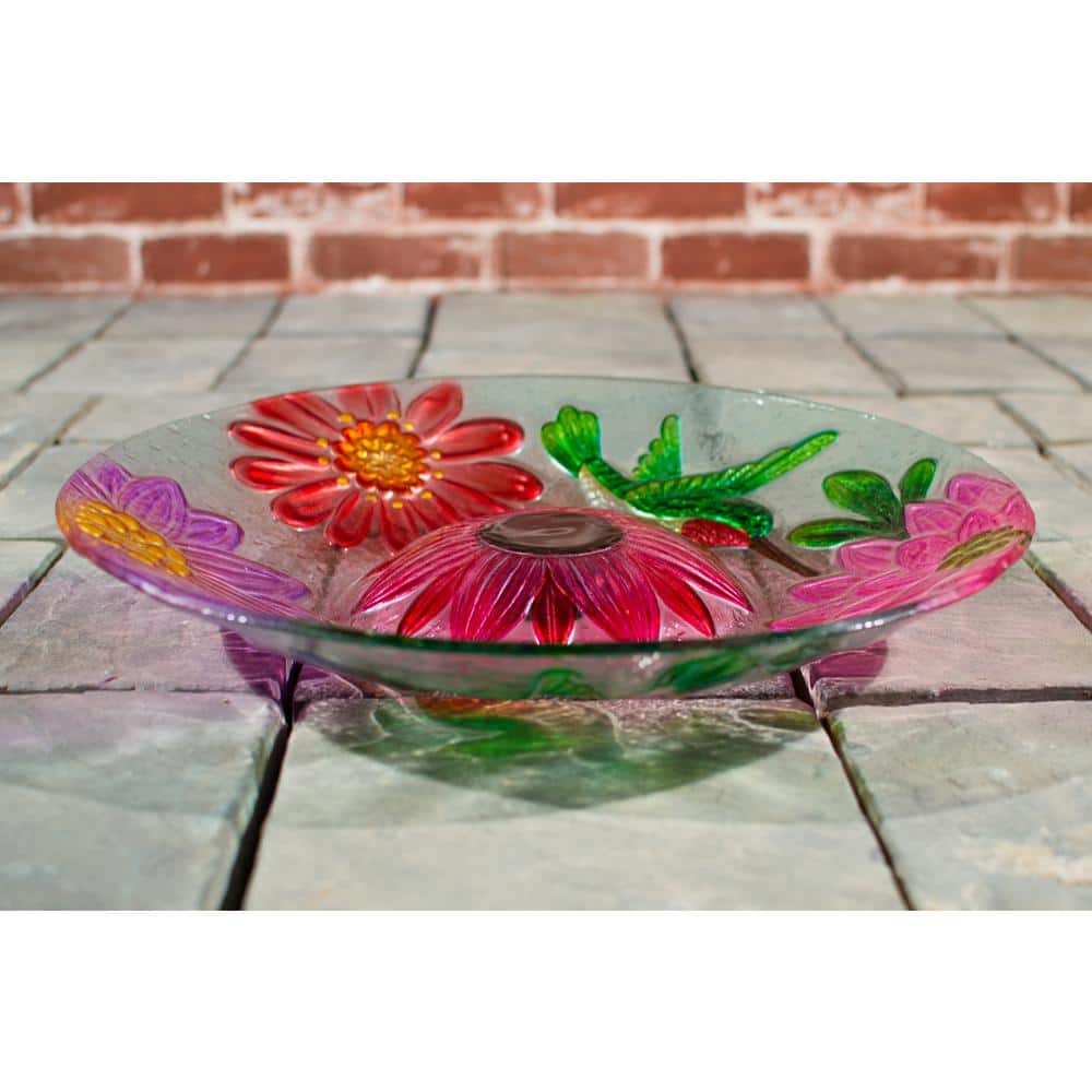 Solar Floral Glass Hummingbird Birdbath with Metal Stand