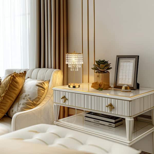 17 in. Gold LED Crystal Task & Reading Table Lamp with 3-Way Dimmer and USB Ports for Bedrooms and Living Spaces