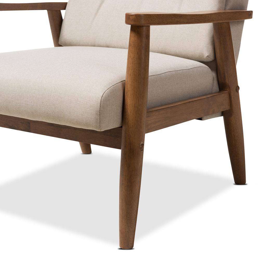 Mid-Century Modern Light Beige Leather Accent Chair with Walnut Wood Frame