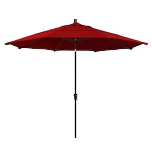 11 ft. Bronze Aluminum Market Patio Umbrella with Auto Tilt Crank Lift in Jockey Red Sunbrella