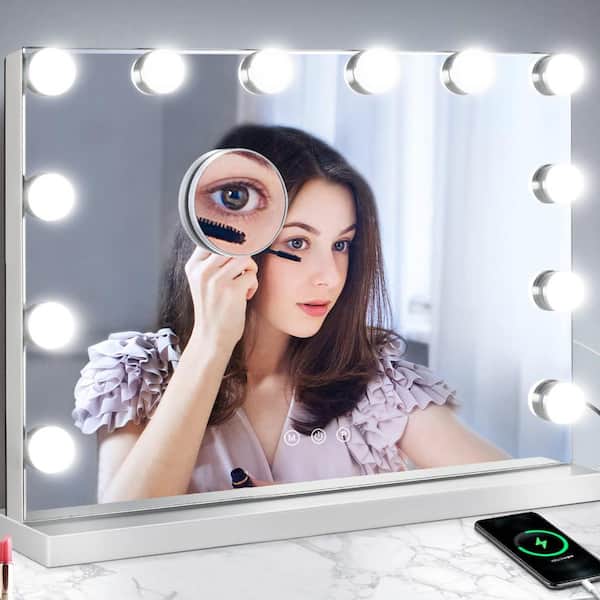 GQB 20 in. W x 16 in. H Rectangular Framed LED Bulb Hollywood Tabletop Bathroom Makeup Mirror in White with 3-Color Lights