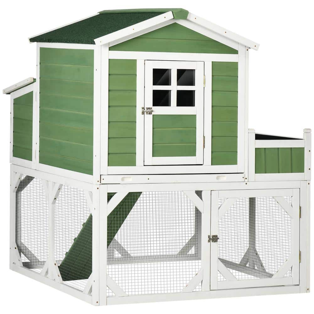Green and White Wooden Chicken Coop with Planter Box