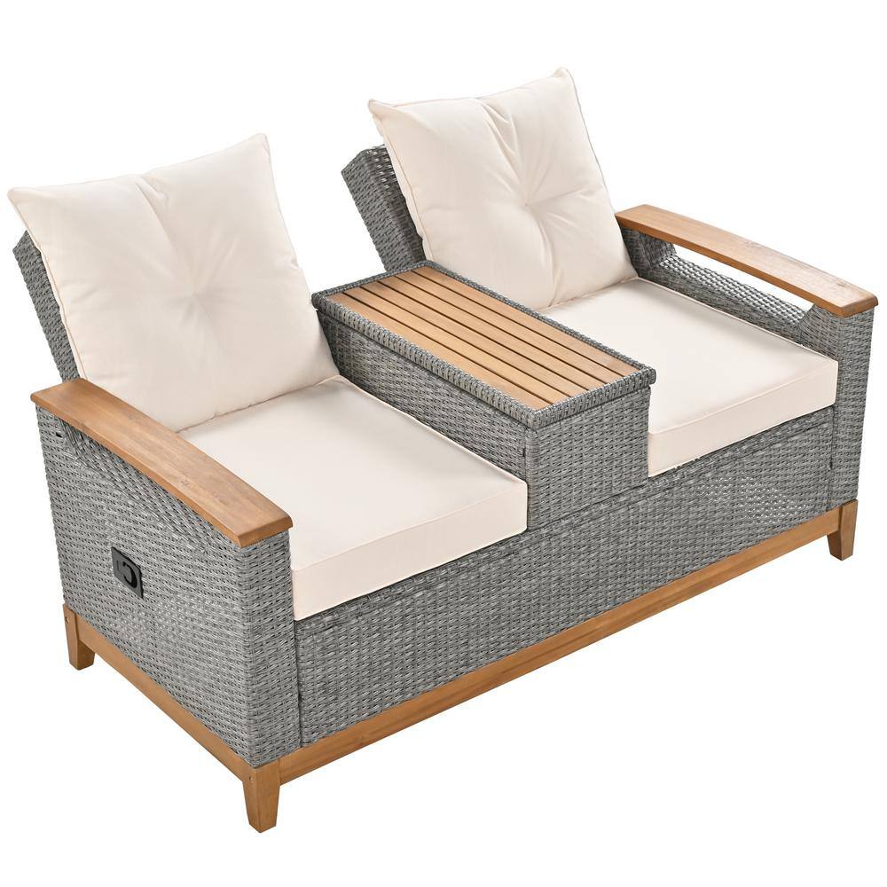 Harper & Bright Designs Gray Wicker and Brown Wood Outdoor Reclining Loveseat with Beige