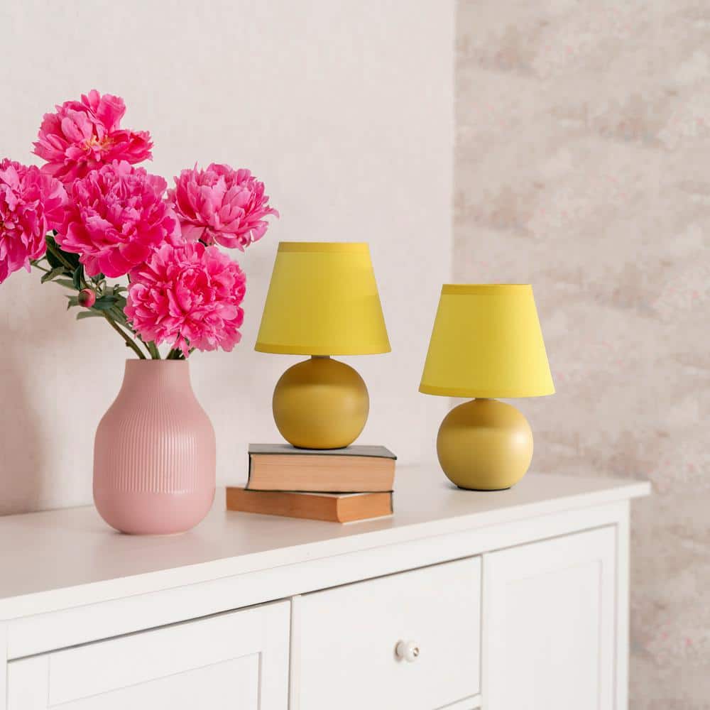 Petite Yellow Ceramic Orb Base Table Lamp Set with Tapered Drum Shade