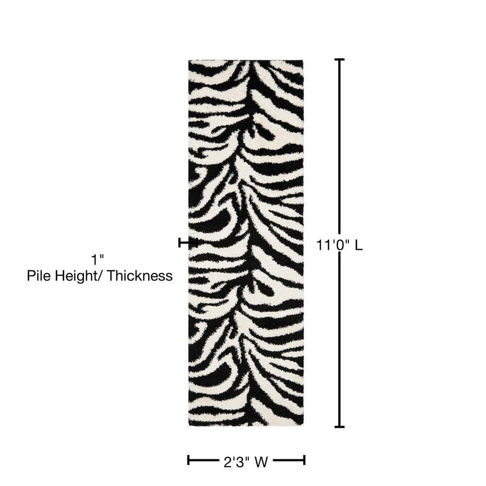 Ivory and Black Stripe Hand-Knotted Shag Runner Rug 2'3" x 11'