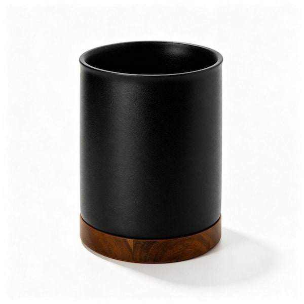 360° Rotating Utensil Holder, Stone Black Ceramic Cooking Utensil Organizer with Countertop-Protection Cork Bottom