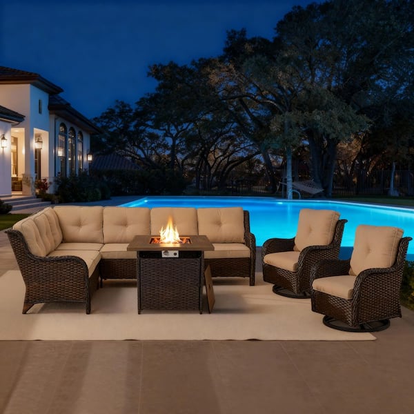 5-Piece Brown Wicker Patio Conversation Set, Sectional Sofa, Swivel Chairs, and Fire Pit Table with Beige Cushions