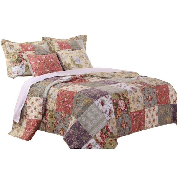 Benjara 5-Piece Multicolor Solid Queen Size Microfiber Quilt Set