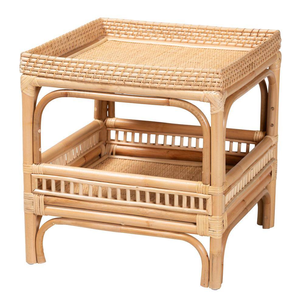 Natural Rattan Bohemian Square End Table with Shelf