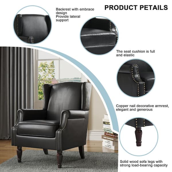 Uixe Black PU Leather Nailhead Trim Upholstered High Back Accent