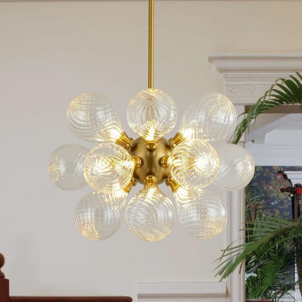 HUOKU Alma 18-Light 23.6 in.W Aged Brass Chandelier Mid-Century Sputnik Dining Room Chandelier with Twisted Ribbed Glass