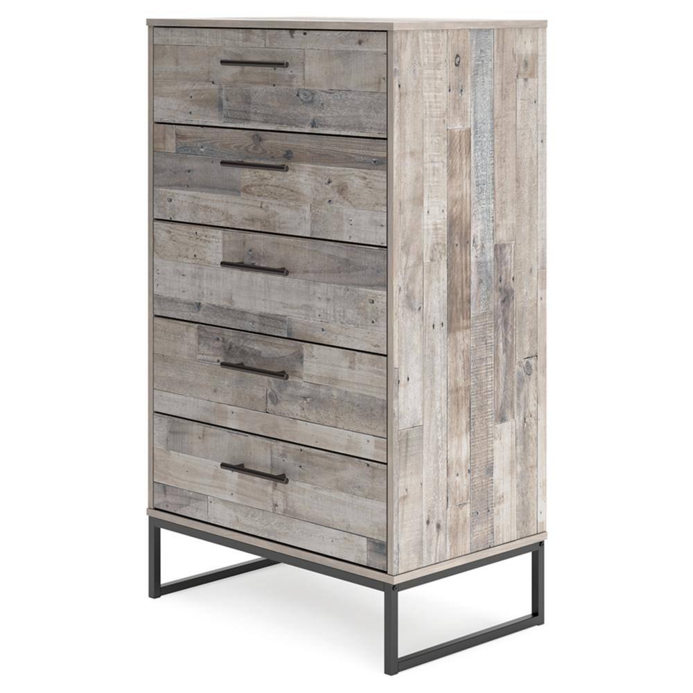 Transitional Whitewash Pine 5-Drawer Chest with Pewter-Tone Pulls