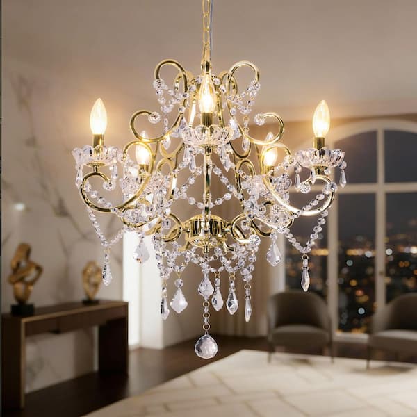 Atlanta 5-Light 22 in. Gold Crystal Traditional Candle Dimmable Chandeliers Living Dining Foyer Lighting
