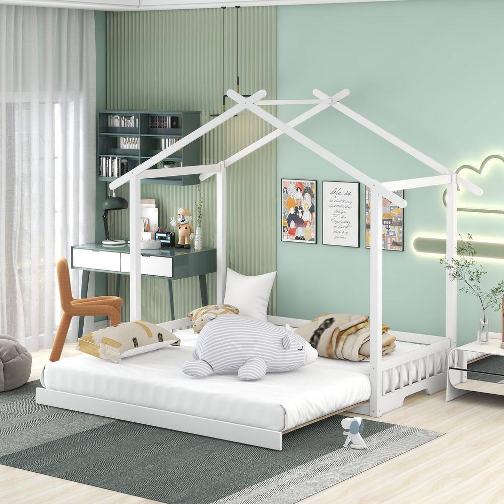 Harper & Bright Designs Convertible White Wood Frame Twin King Size 