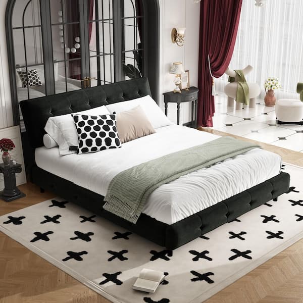 Renee Black Chenille Upholstered Wood Frame Queen Size Platform Bed with Tufted Headboard and Metal Legs