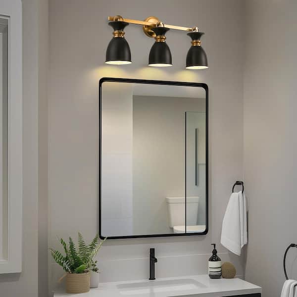25 in. 3-Light Black and Gold Vanity Light for Bathroom Vanity and Hallway with Black Cone Metal Shade Wall Sconce