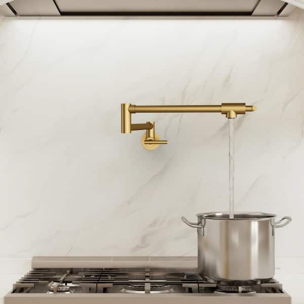 Wall‑Mounted Pot Filler Faucet with Dual Handles, 360° Swivel Foldable Spout, 2.5 GPM in Brushed Gold