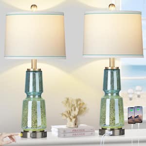 26 in. Gourd-Shaded Green Glass Table Lamp Set with Dual USB, Type-C Ports and Built-In-Outlet (Set of 2)