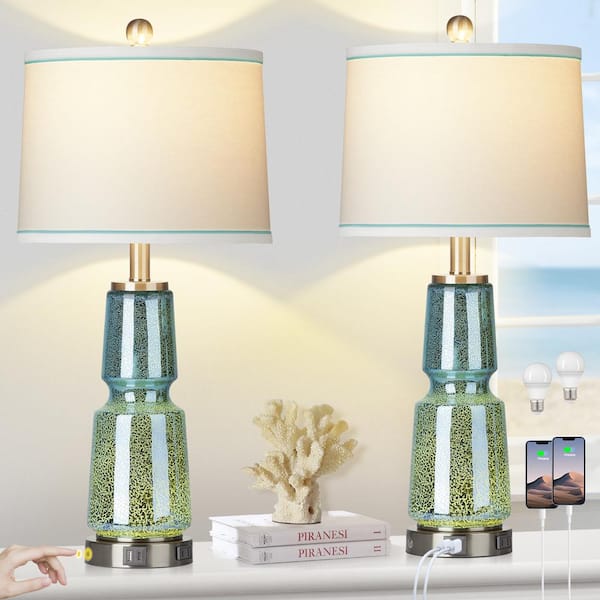 Cinkeda 26 in. Gourd-Shaded Green Glass Table Lamp Set with Dual USB, Type-C Ports and Built-In-Outlet (Set of 2)