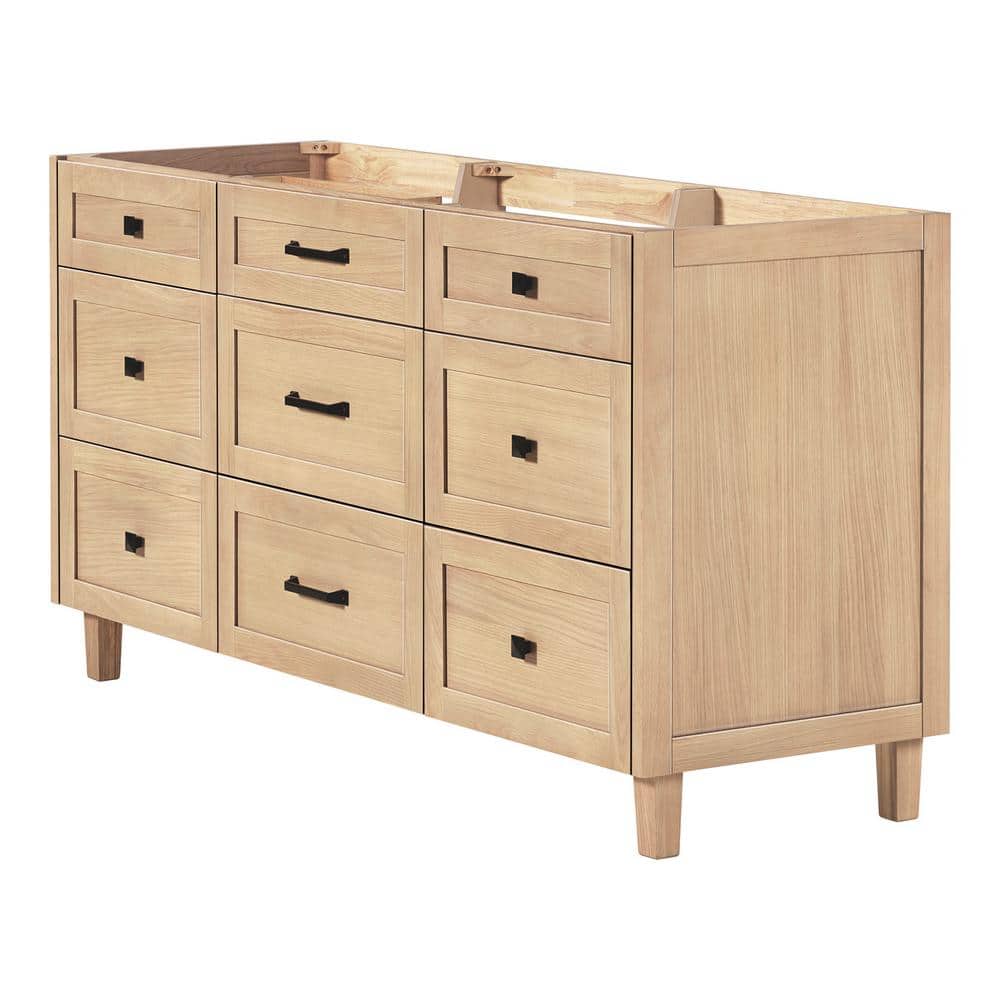 Monroe 66" Light Oak Freestanding Vanity Cabinet with Black Hardware